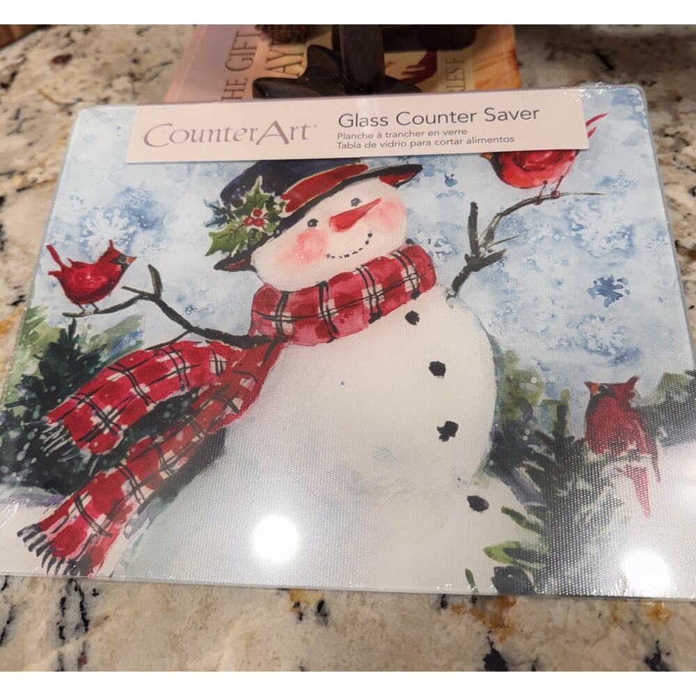 CounterArt Watercolor Snowman 3mm Tempered Glass Cutting 10"L x 8"W, Multicolor